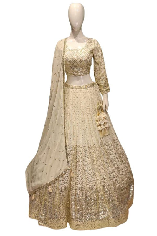 Ivory Banarasi Butta Lehenga Set with Mirror Work Blouse & Zari Shrug