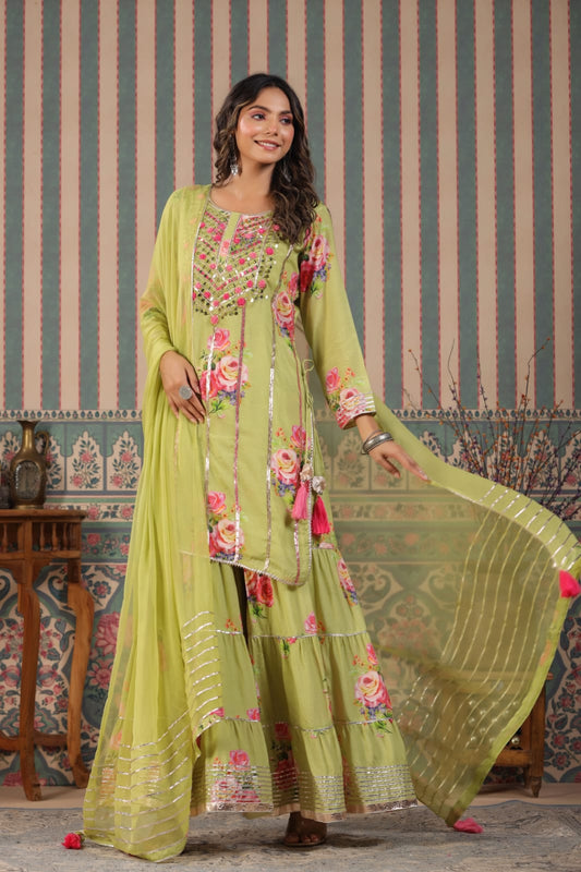MEHR FESTIVE COLLECTION: LUXURIOUS FLORAL GHARARA SUITS IN PURE MUSLIN (YELLOW)