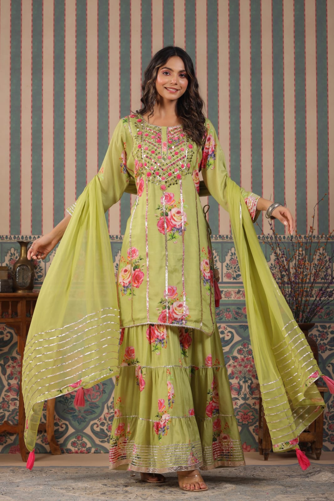 MEHR FESTIVE COLLECTION: LUXURIOUS FLORAL GHARARA SUITS IN PURE MUSLIN (YELLOW)