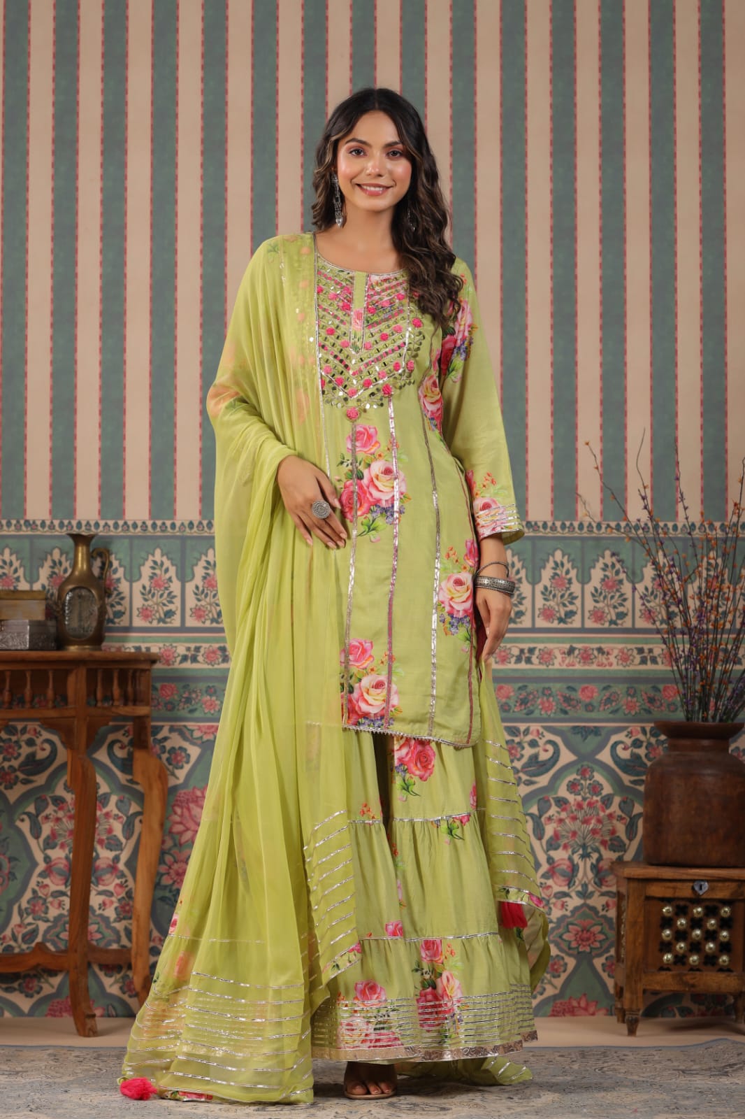 MEHR FESTIVE COLLECTION: LUXURIOUS FLORAL GHARARA SUITS IN PURE MUSLIN (YELLOW)