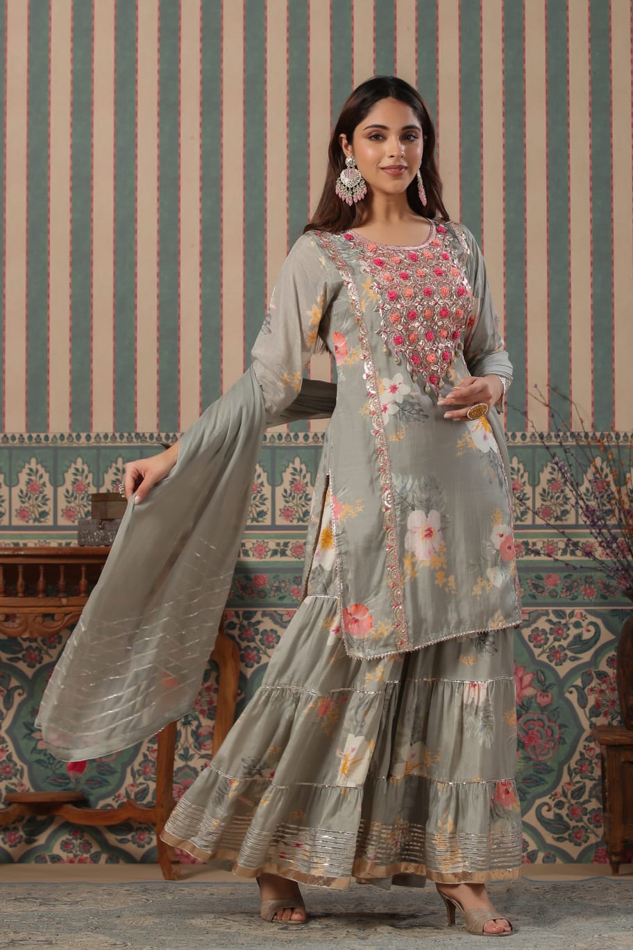 FLORAL BLISS: PURE MUSLIN KURTA WITH TIERED GOTA SHARARA (GREEEN COLOR)