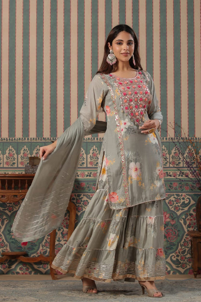 FLORAL BLISS: PURE MUSLIN KURTA WITH TIERED GOTA SHARARA (GREEEN COLOR)