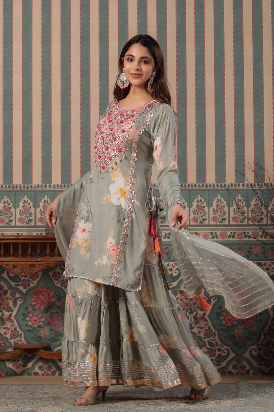 FLORAL BLISS: PURE MUSLIN KURTA WITH TIERED GOTA SHARARA (GREEEN COLOR)