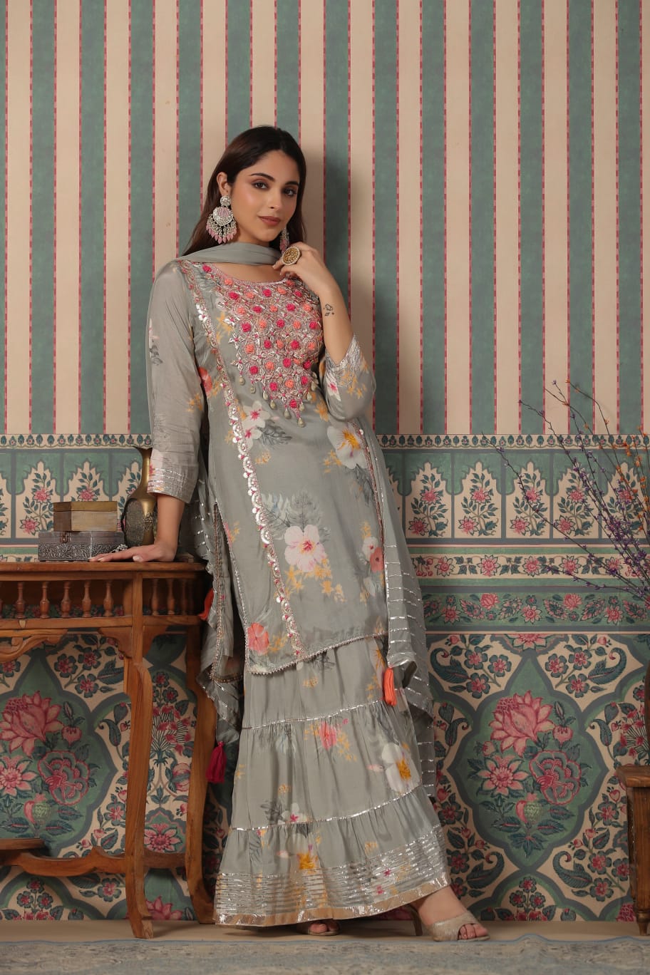FLORAL BLISS: PURE MUSLIN KURTA WITH TIERED GOTA SHARARA (GREEEN COLOR)