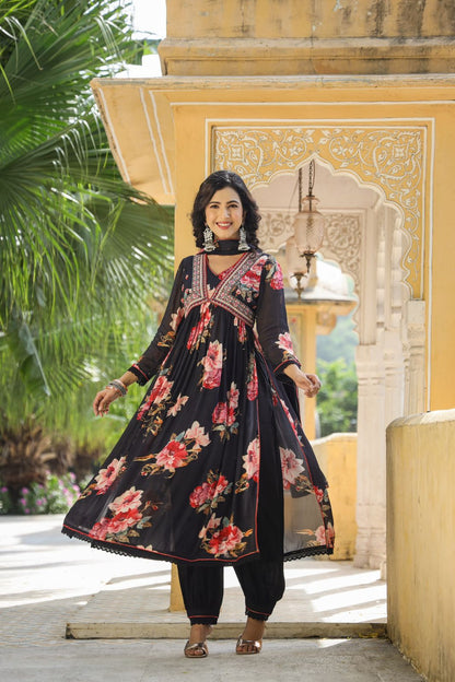 Regal Anarkali Charm (black) : Chinon Alia Cut Anarkali with Embroidered Neckline and Gathers