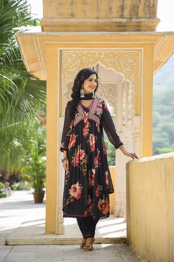 Regal Anarkali Charm (black) : Chinon Alia Cut Anarkali with Embroidered Neckline and Gathers