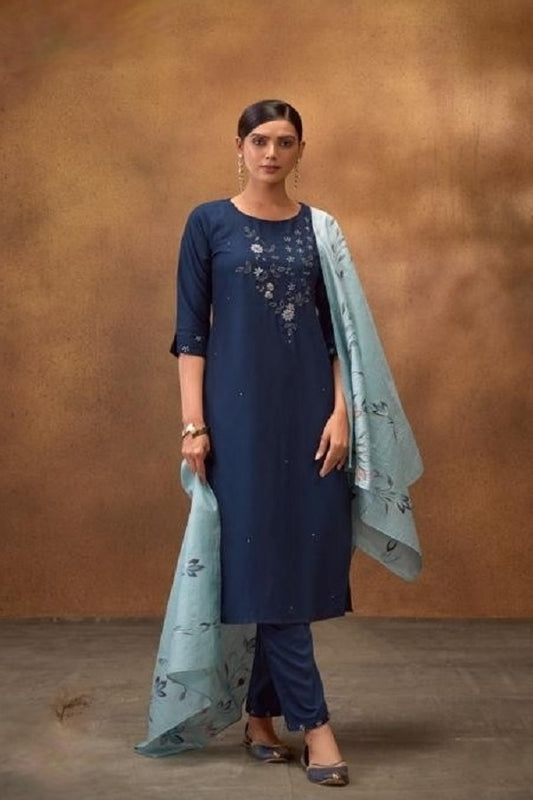 Stitched Silk Suit (Blue): Hand Embroidered Kurta, Embroidered Pants & Floral Dupatta