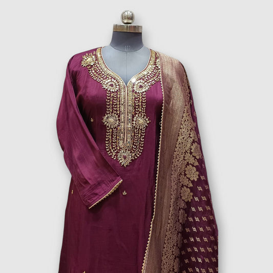Semi Stitched Silk Kurta With Banarsi Silk Dupatta