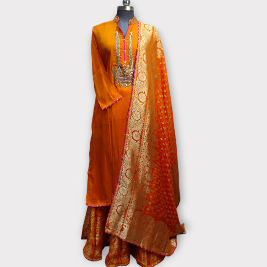Semi Stitched Silk Kurta With Banarsi Silk Dupatta