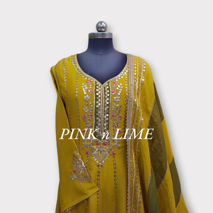 YELLOW ANARKALI WITH SHIMMER SILK FABRIC AND GOTA WORK WITH PRINTED DUPATTA YELLOW WITH OLIVE GREEN