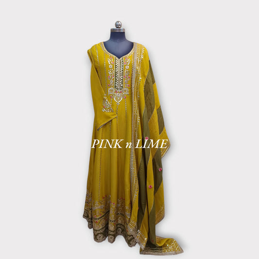 YELLOW ANARKALI WITH SHIMMER SILK FABRIC AND GOTA WORK WITH PRINTED DUPATTA YELLOW WITH OLIVE GREEN
