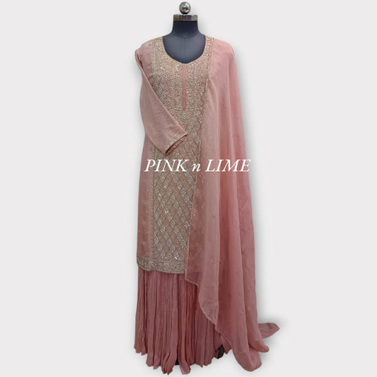 LIGHT PINK HEAVY SUT WITH PURE SHIMMER FABRIC AND CHIFFON GARARA, DUPATTA BASE ON ORGANZA