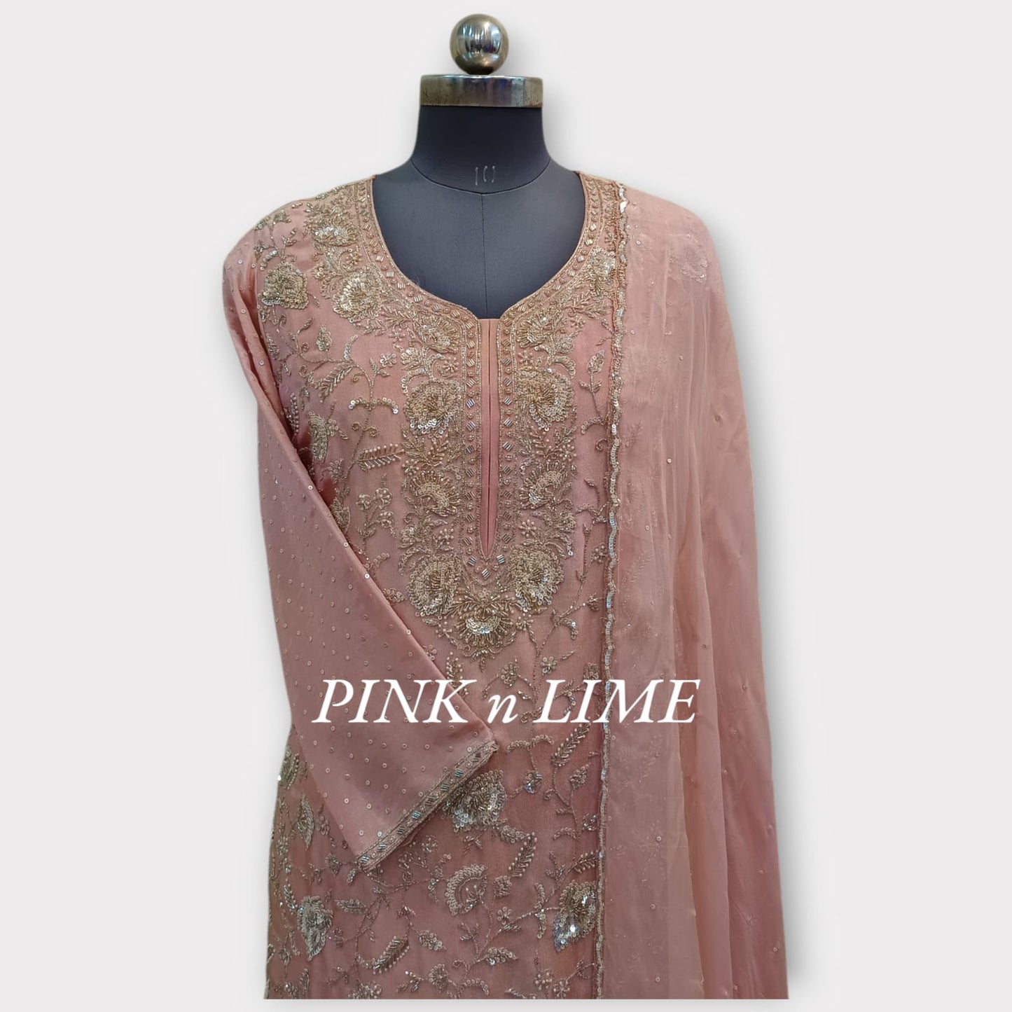 LEAF HAND WORK LIGHT PINK HEAVY SUT WITH PURE SHIMMER FABRIC AND CHIFFON GARARA, DUPATTA BASE ON ORGANZA
