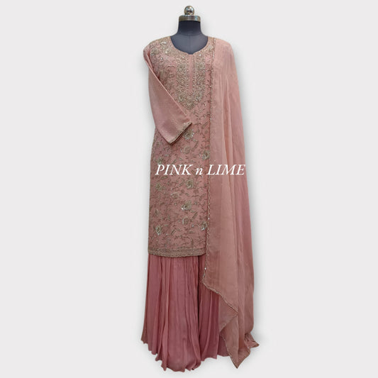 LEAF HAND WORK LIGHT PINK HEAVY SUT WITH PURE SHIMMER FABRIC AND CHIFFON GARARA, DUPATTA BASE ON ORGANZA