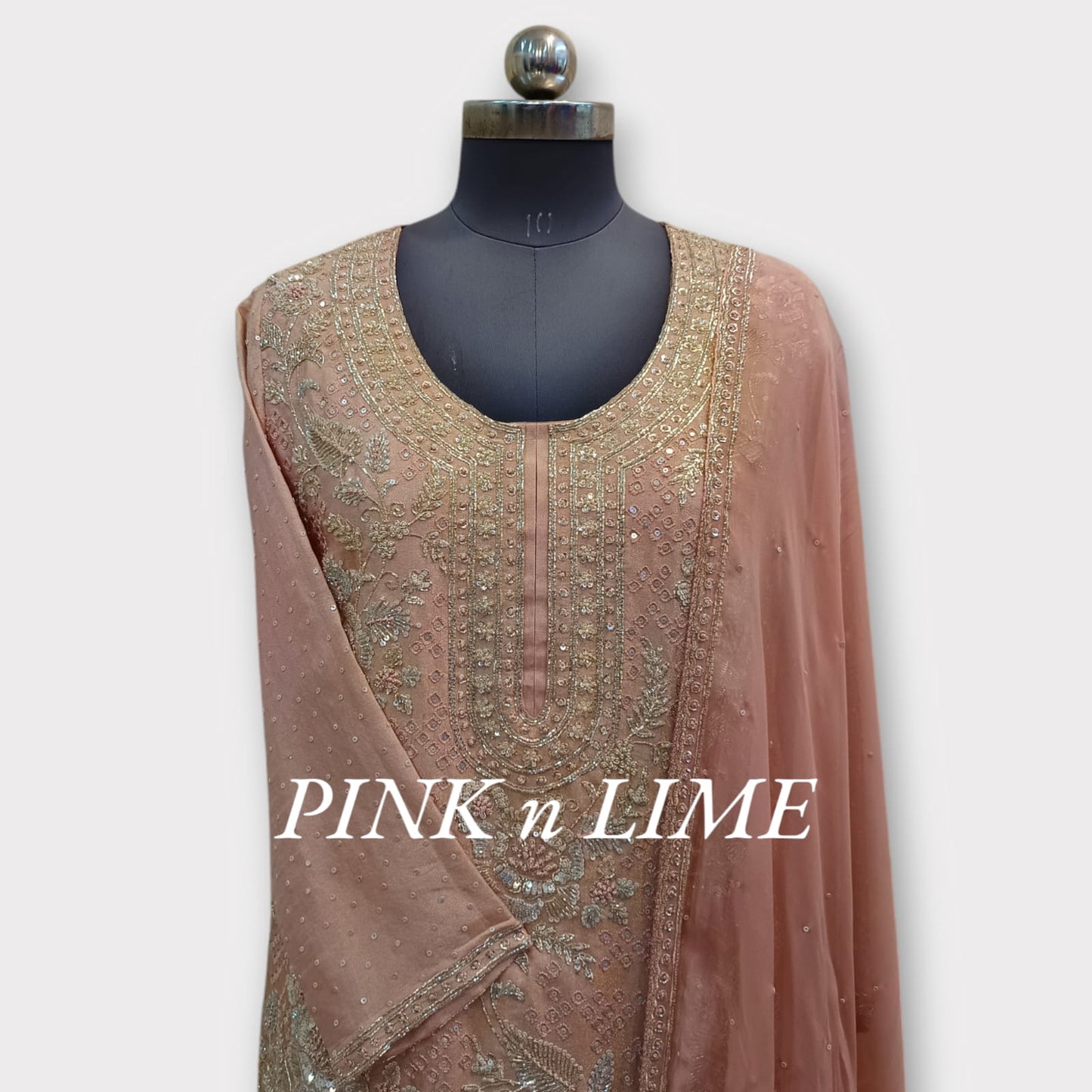 HEAVY HAND WORK LIGHT PINK SUIT WITH PURE SHIMMER FABRIC AND CHIFFON GARARA, DUPATTA BASE ON ORGANZA