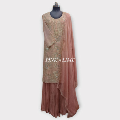 HEAVY HAND WORK LIGHT PINK SUIT WITH PURE SHIMMER FABRIC AND CHIFFON GARARA, DUPATTA BASE ON ORGANZA