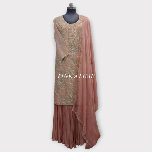 HEAVY HAND WORK LIGHT PINK SUIT WITH PURE SHIMMER FABRIC AND CHIFFON GARARA, DUPATTA BASE ON ORGANZA