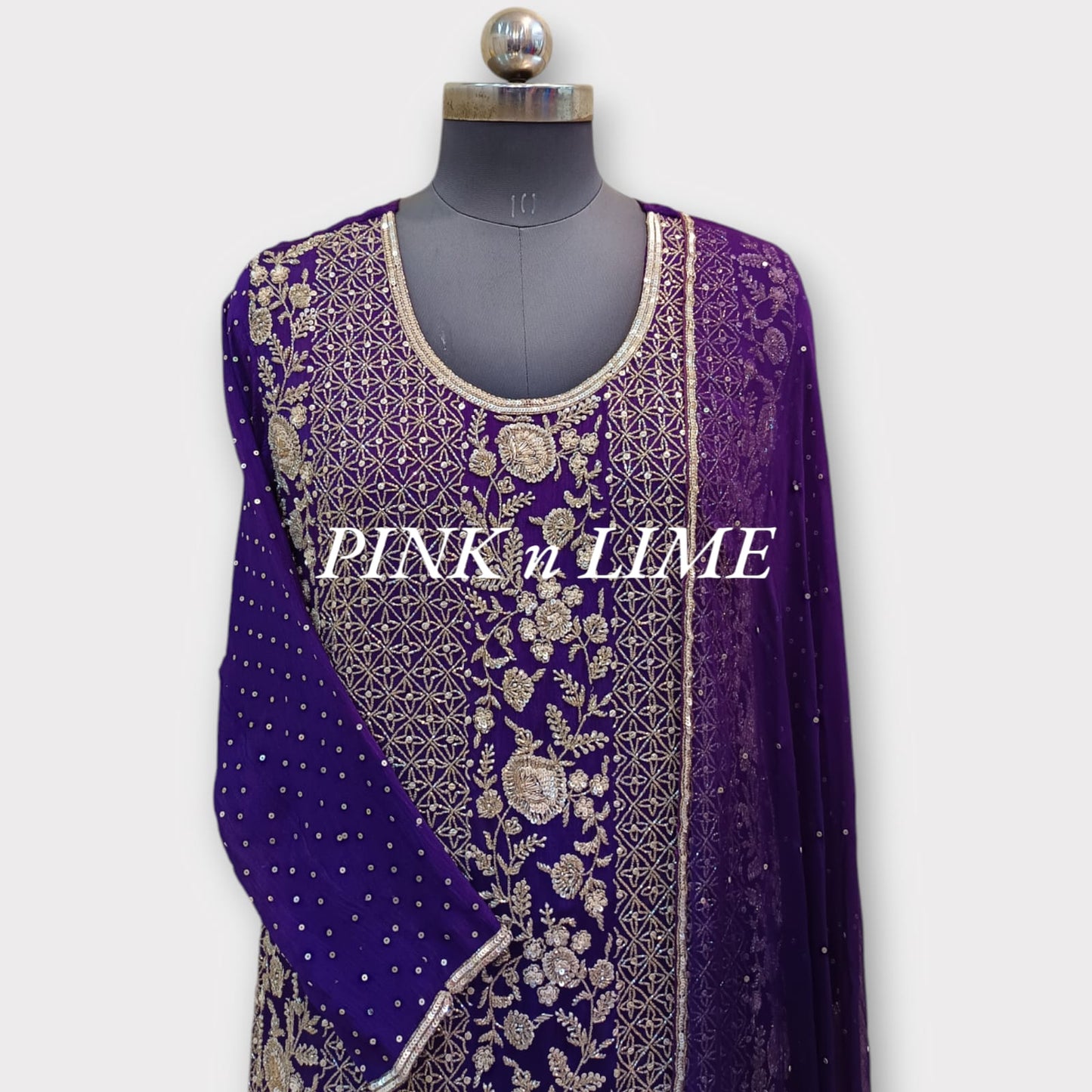 HEAVY HAND WORK PURPEL SUIT WITH PURE SHIMMER FABRIC AND CHIFFON GARARA, DUPATTA BASE ON ORGANZA