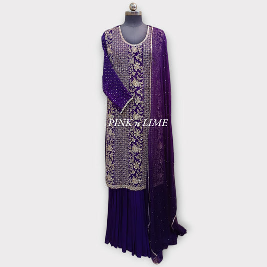 HEAVY HAND WORK PURPEL SUIT WITH PURE SHIMMER FABRIC AND CHIFFON GARARA, DUPATTA BASE ON ORGANZA