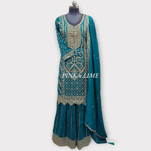 HEAVY PARTY WEAR SUT BASE ON CHINON FABRIC WITH MIRROR WORK, DUPATTA AND GHARARA IS ALSO BASE ON CHINON FABRIC AND MIROR WORK