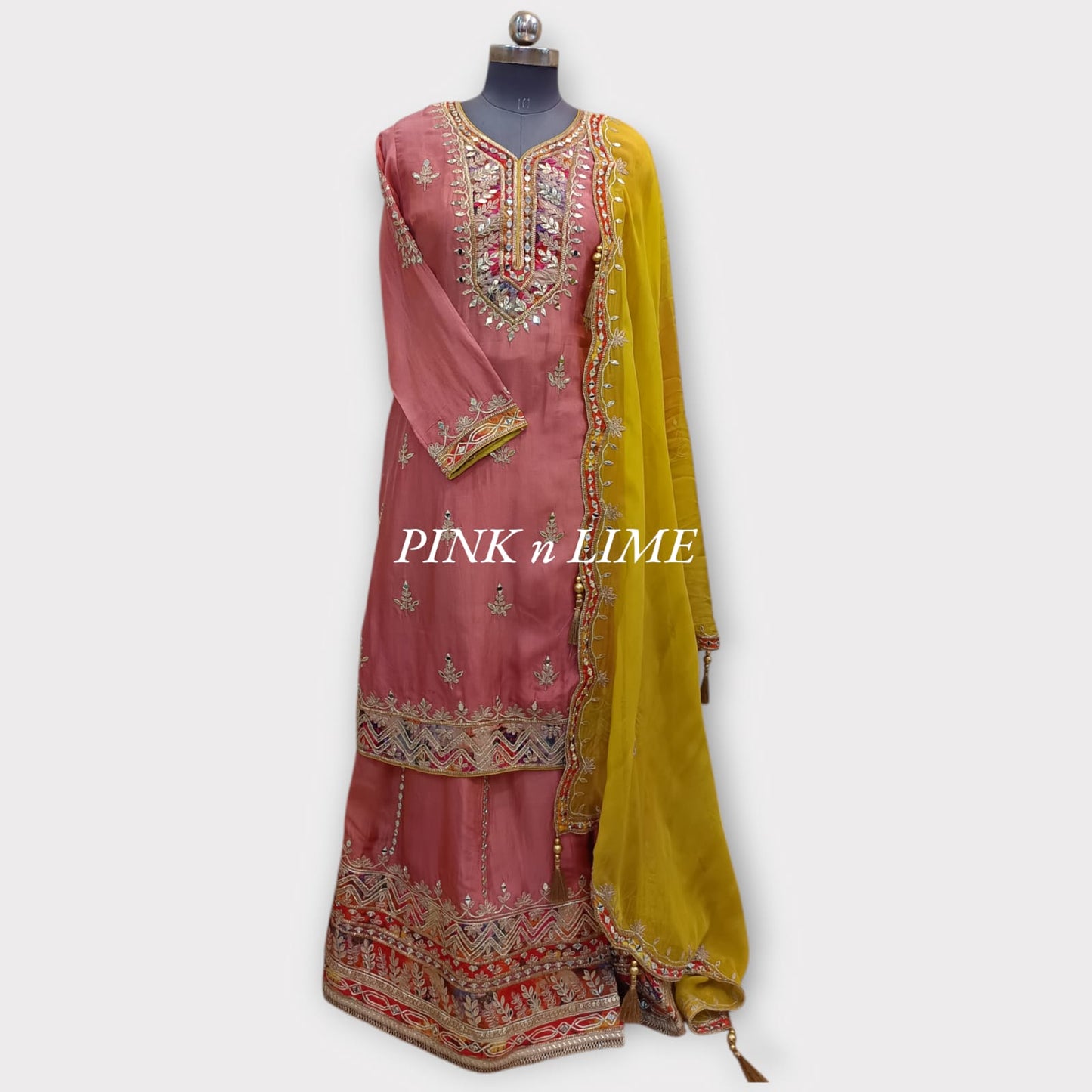 HEAVY PARTY WEAR SUIT WITH GOTA WORK AND MIRROR WORK 3 PC SUIT BASE ON SILK FABRIC