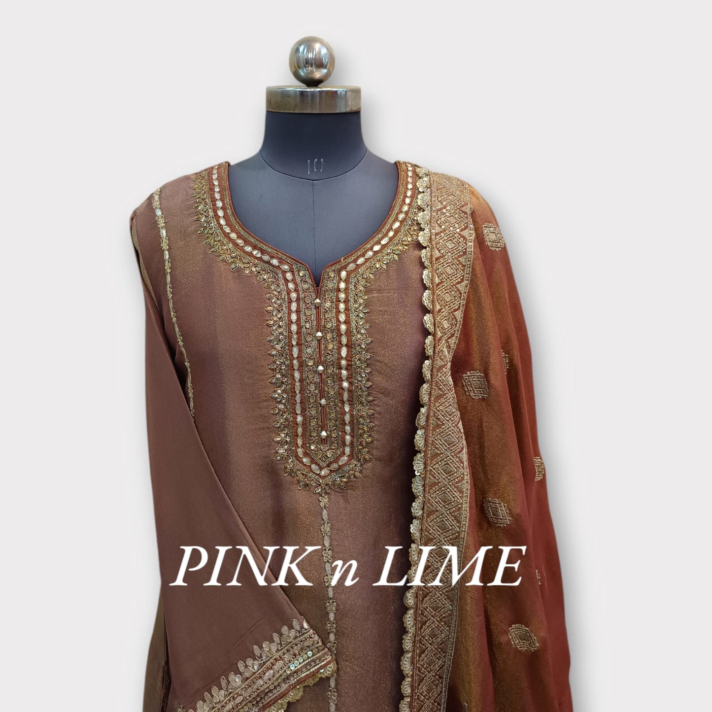 HEAVY SUIT WITH GOTA WORK, CHINON FABRIC, DUPATTA AND HEAVY GOTA WORK ON GHARARA BASE ON CHINON FABRIC