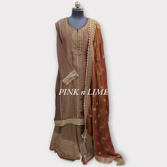 HEAVY SUIT WITH GOTA WORK, CHINON FABRIC, DUPATTA AND HEAVY GOTA WORK ON GHARARA BASE ON CHINON FABRIC