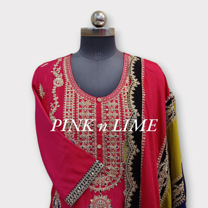 HEAVY PINK SUIT WITH MIRROR WORK BASE ON CHINON FABRIC WITH PLAZO AND MULTI COLORED DUPATTA
