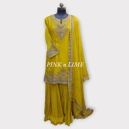 PARTY WEAR YELLOW SUT WITH PURE SIKL ZARI WORK GHARARA AND DUPATTA IS  ALSO BASE ON PURE SILK FABRIC