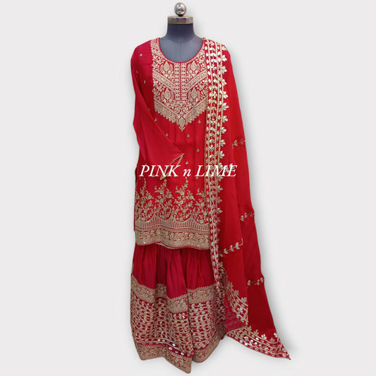 HEAVY PARTY WEAR SUT BASE ON ZARI WORK AND GOTA WORK ON GHARARA, SUT AND GHARARA BASE ON PURE SILK FABRIC, DUPATTA IS ORGANZA