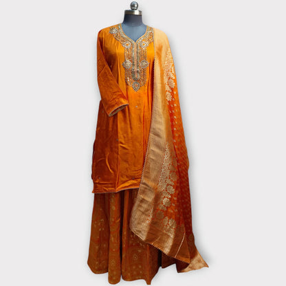 Semi Stitched Silk Kurta With Banarsi Silk Dupatta