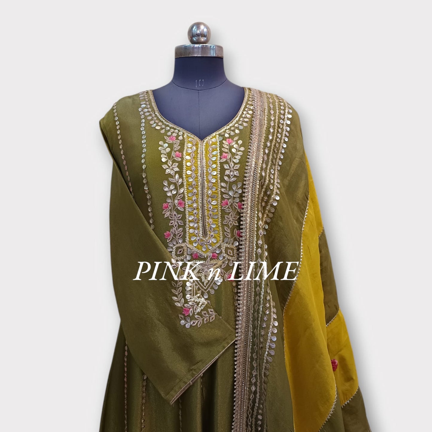 YELLOW ANARKALI WITH SHIMMER SILK FABRIC AND GOTA WORK WITH PRINTED DUPATTA YELLOW WITH OLIVE GREEN