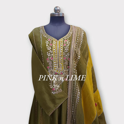 YELLOW ANARKALI WITH SHIMMER SILK FABRIC AND GOTA WORK WITH PRINTED DUPATTA YELLOW WITH OLIVE GREEN