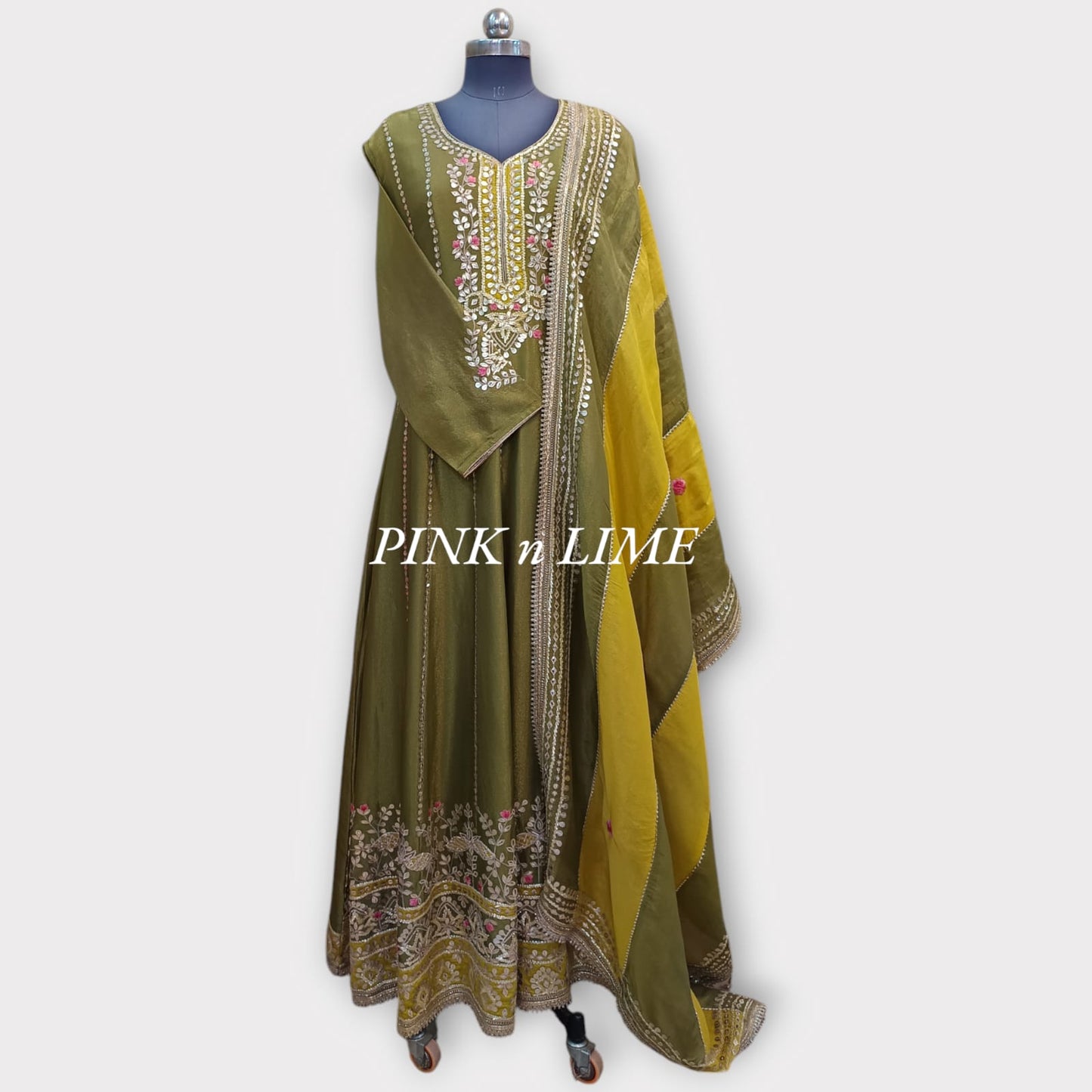 YELLOW ANARKALI WITH SHIMMER SILK FABRIC AND GOTA WORK WITH PRINTED DUPATTA YELLOW WITH OLIVE GREEN