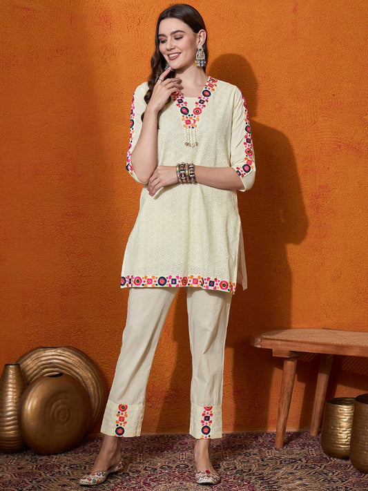 Shifli Cotton Coord Set With Multi Coloured Embroidery