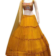 Yellow Banarasi Butta Lehenga Set with Mirror Work Blouse & Zari Shrug