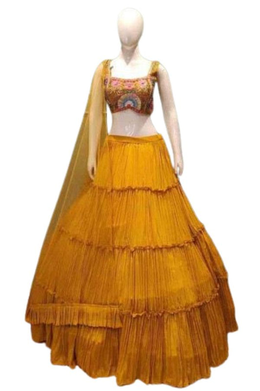 Yellow Banarasi Butta Lehenga Set with Mirror Work Blouse & Zari Shrug