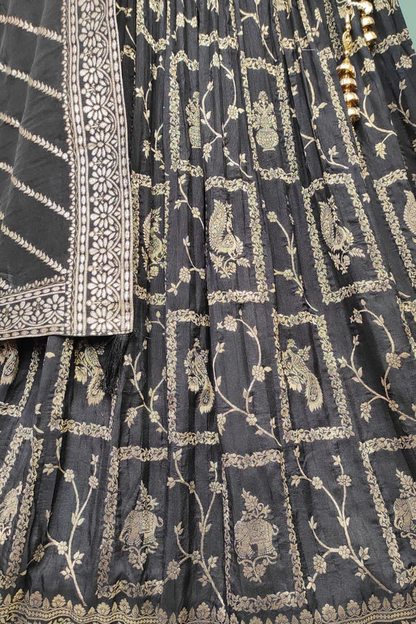 Pure Bliss Ensemble (BLACK): Padded Choli with Thread and Zari Embroidery, Banarsi Zari Lehnga
