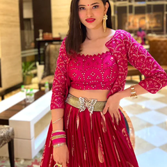 Banarasi Butta Lehenga Ensemble with Mirror Embroidered Blouse & Zari Shrug