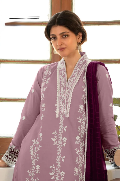 Designer Embroidered Tunic powder pink color with Sleeves paired with Designer Cigarette pants
