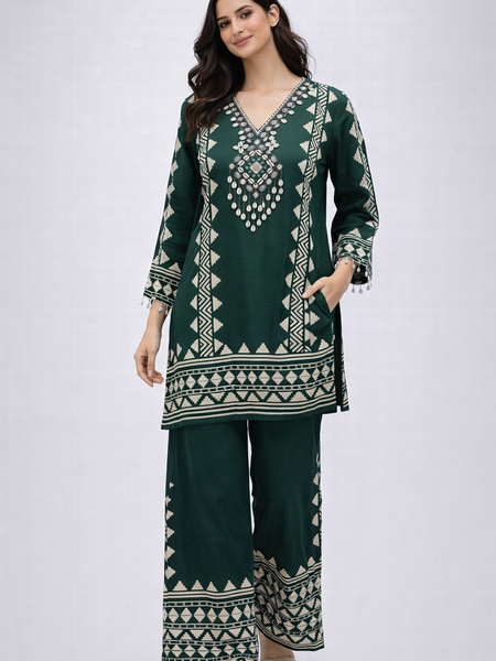 Green German Rayon Mirror Work Cord Set