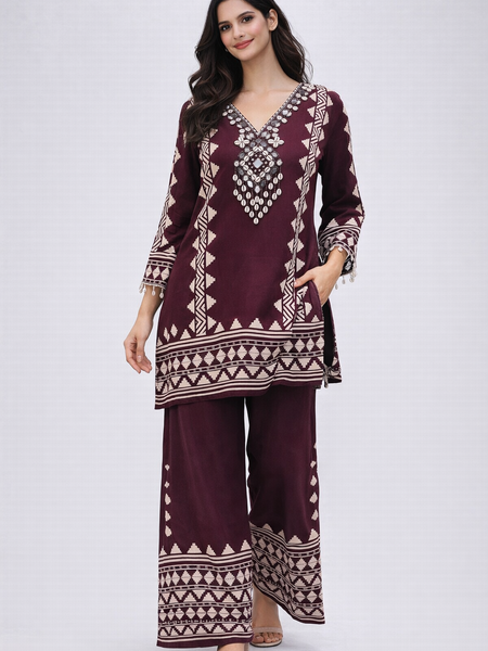 Wine German Rayon Mirror Work Cord Set