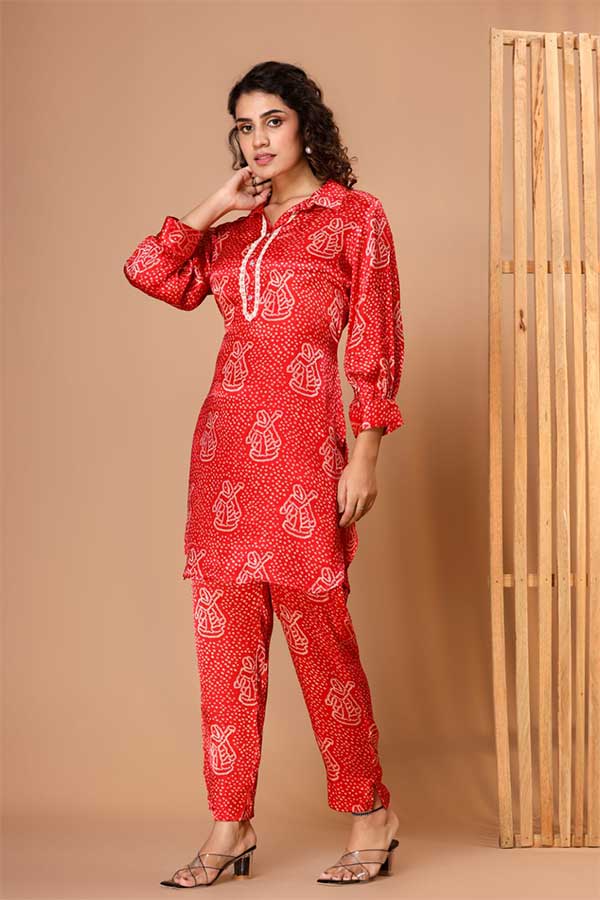 Ravishing Red Bandhini Coord Set: Viscose Modal Silk, Lace, and Pure Style