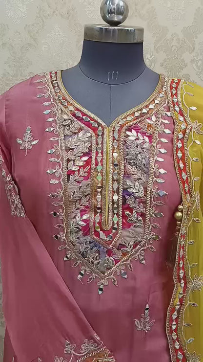 HEAVY PARTY WEAR SUIT WITH GOTA WORK AND MIRROR WORK 3 PC SUIT BASE ON SILK FABRIC