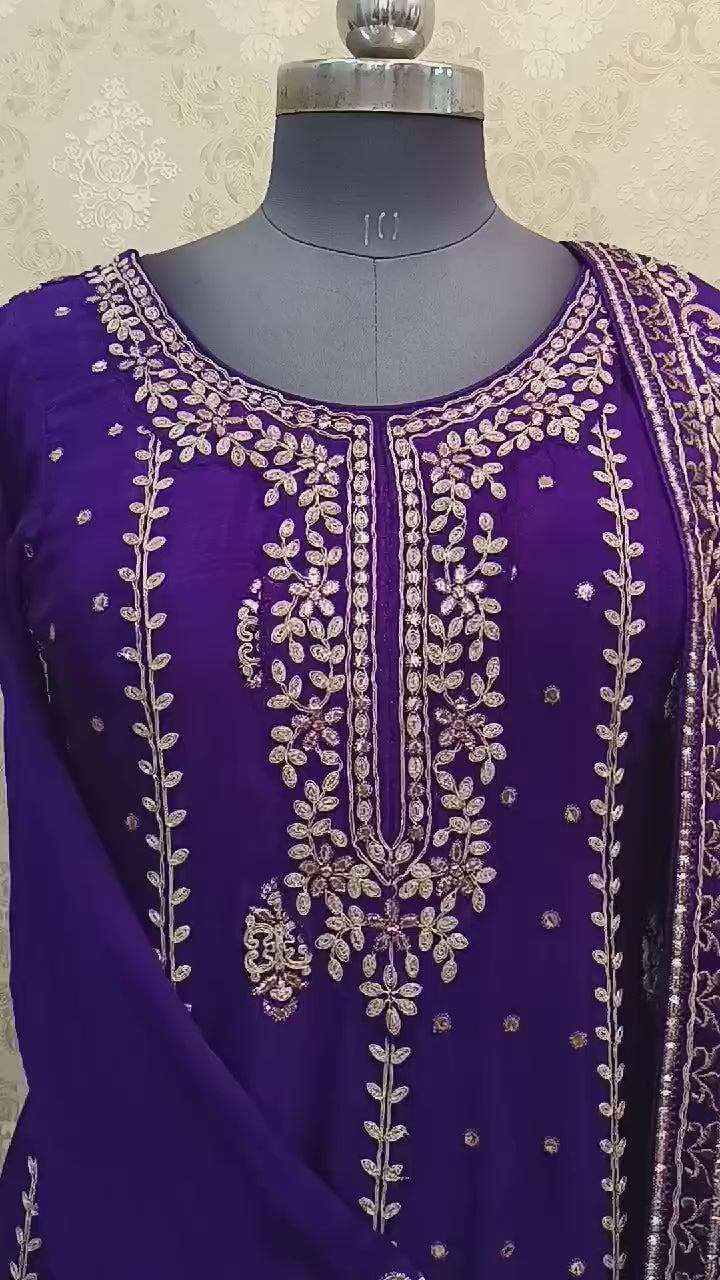 PURPLE ANARKALI WITH CHINON FABRIC WITH DUPATTA