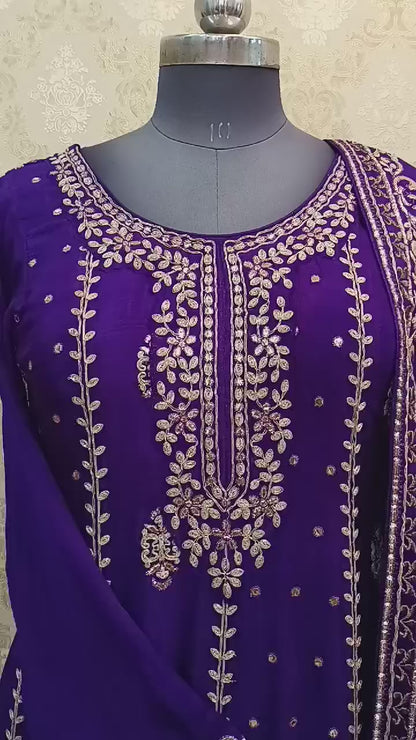 PURPLE ANARKALI WITH CHINON FABRIC WITH DUPATTA