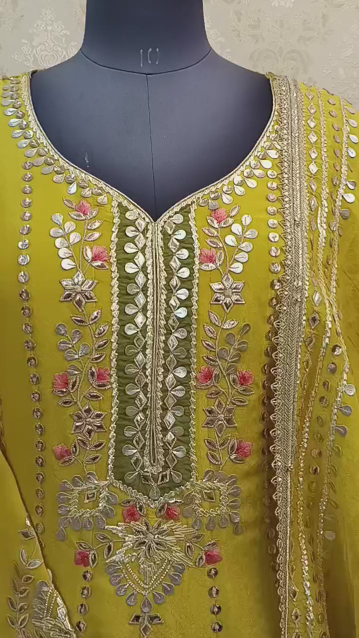 YELLOW ANARKALI WITH SHIMMER SILK FABRIC AND GOTA WORK WITH PRINTED DUPATTA YELLOW WITH OLIVE GREEN