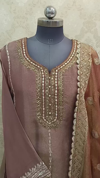 HEAVY SUIT WITH GOTA WORK, CHINON FABRIC, DUPATTA AND HEAVY GOTA WORK ON GHARARA BASE ON CHINON FABRIC