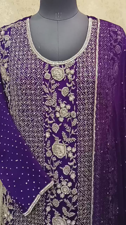 HEAVY HAND WORK PURPEL SUIT WITH PURE SHIMMER FABRIC AND CHIFFON GARARA, DUPATTA BASE ON ORGANZA