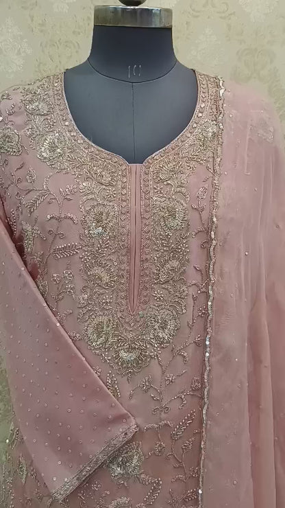 LEAF HAND WORK LIGHT PINK HEAVY SUT WITH PURE SHIMMER FABRIC AND CHIFFON GARARA, DUPATTA BASE ON ORGANZA